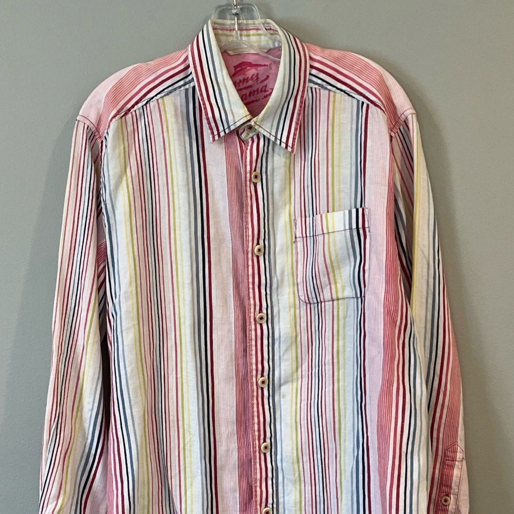 Tommy Bahama Relax 100% Linen Long Sleeve Button Front Shirt Mens Med Pink White